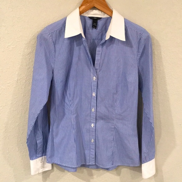 👍$5/Bundle H&M Women Contrasting Collar & Cuffs Button Blouse Sz 10 100% Cotton - Picture 1 of 10